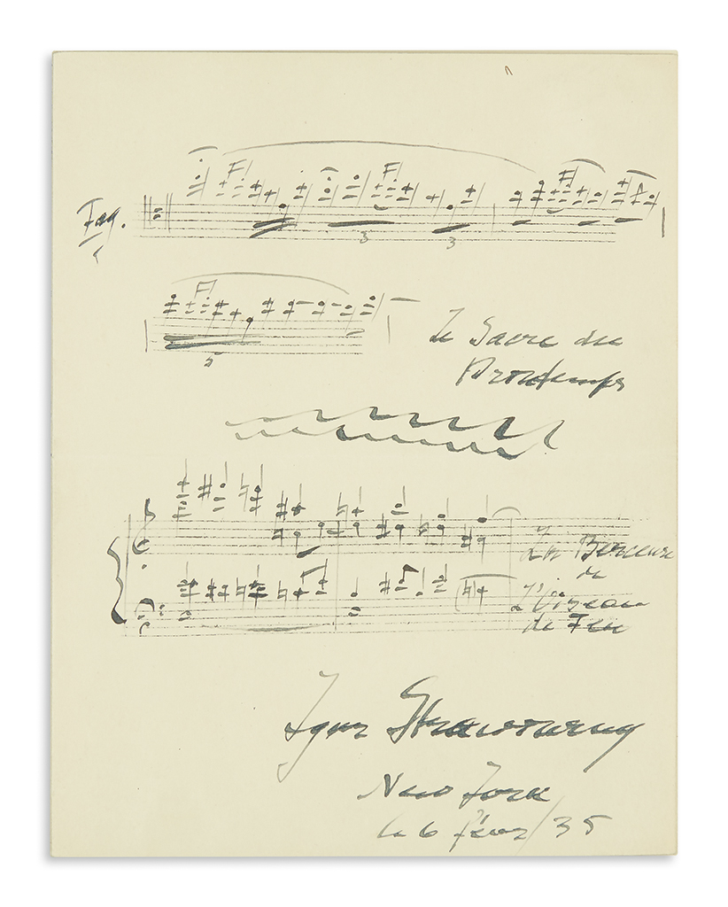 STRAVINSKY, IGOR. Two Autograph Musical Quotations on same sheet, one Signed: Rite of Spring * Berceuse from The Firebird.
